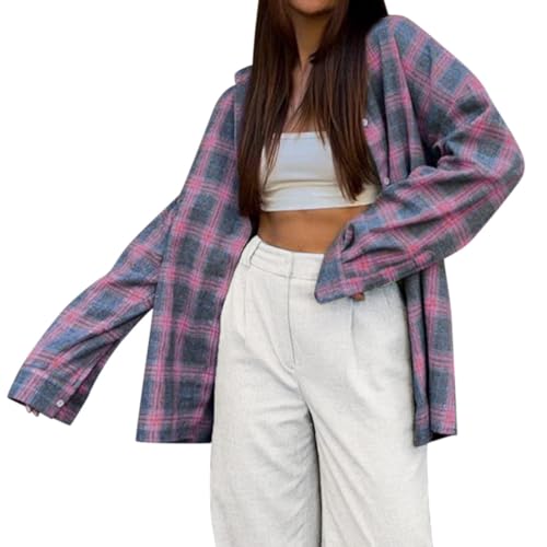 Onsoyours Damen Hemdjacke Karierte Shacket Langarm Button-down Hemd Bluse Mantel Flanell Jacke Tunika Tops Longshirt Hemd T-Shirt C Rosa M von Onsoyours