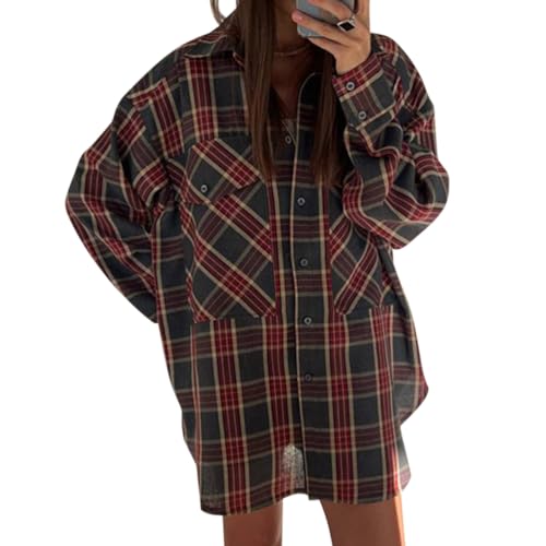 Onsoyours Damen Hemdjacke Karierte Shacket Langarm Button-down Hemd Bluse Mantel Flanell Jacke Tunika Tops Longshirt Hemd T-Shirt J Rot S von Onsoyours