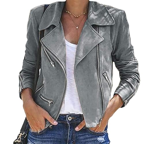 Onsoyours Damen Herbst Frühling Kurze Jacke Baumwolle Bikerjacke mit Reißverschluss Lederjacke Full Zip Motorradjacke Grau XL von Onsoyours