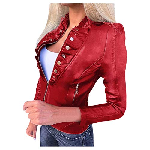 Onsoyours Damen Herbst Frühling PU Lederjacke Bikerjacke mit Reißverschluss Kurze Jacke Lederjacke im Bikerjacke A Rot 5XL von Onsoyours