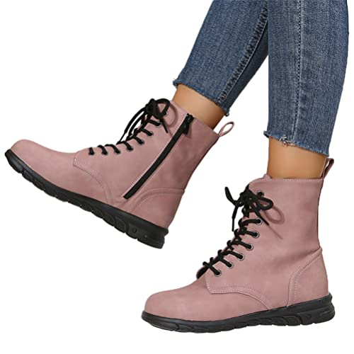 Onsoyours Damen Herbst Winter Flache Schnürstiefel Stiefel Stiefeletten Einfarbig Boots Cowboystiefel Keilstiefeletten mit Runder Spitze A Rosa 40 EU von Onsoyours