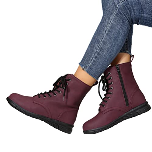 Onsoyours Damen Herbst Winter Flache Schnürstiefel Stiefel Stiefeletten Einfarbig Boots Cowboystiefel Keilstiefeletten mit Runder Spitze A Rotwein 39 EU von Onsoyours