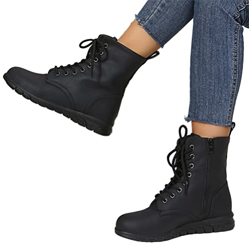 Onsoyours Damen Herbst Winter Flache Schnürstiefel Stiefel Stiefeletten Einfarbig Boots Cowboystiefel Keilstiefeletten mit Runder Spitze A Schwarz 38 EU von Onsoyours