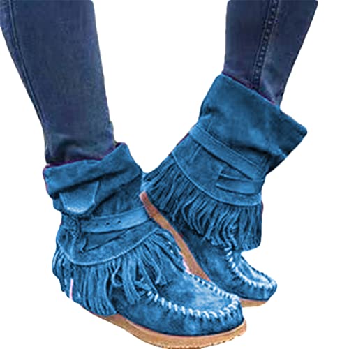 Onsoyours Damen Herbst Winter Flache Wildleder Retro Stiefeletten mit Fransen Casual Short Ankle Boots Schuhe A Blau 42 EU Onsoyours Damen Herbst Winter Flache Wildleder Retro Stiefeletten mit Fransen Casual Short Ankle Boots Schuhe A Blau 42 EU von Onsoyours