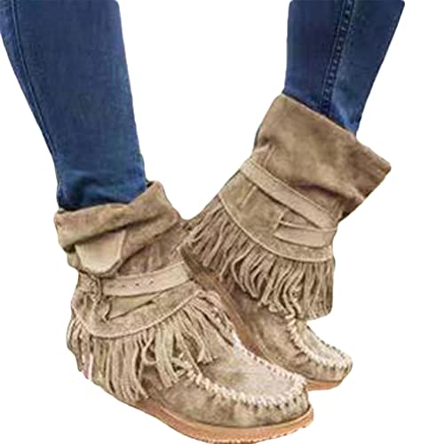 Onsoyours Damen Herbst Winter Flache Wildleder Retro Stiefeletten mit Fransen Casual Short Ankle Boots Schuhe A Khaki 37 EU von Onsoyours