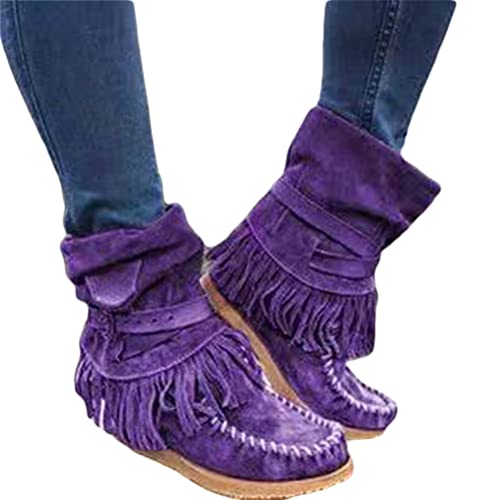 Onsoyours Damen Herbst Winter Flache Wildleder Retro Stiefeletten mit Fransen Casual Short Ankle Boots Schuhe A Violett 39 EU Onsoyours Damen Herbst Winter Flache Wildleder Retro Stiefeletten mit Fransen Casual Short Ankle Boots Schuhe A Violett 39 EU von Onsoyours