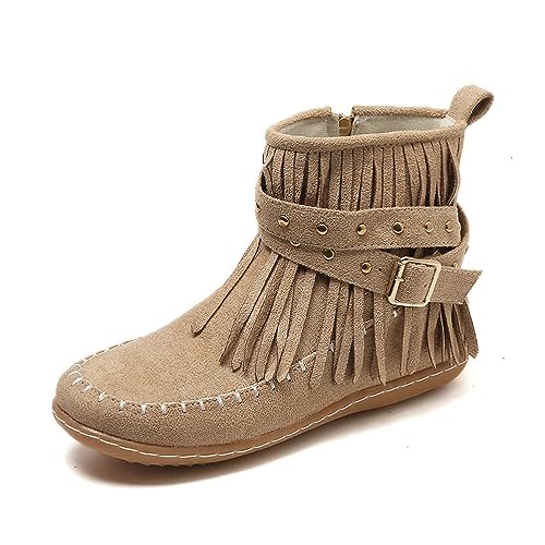 Onsoyours Damen Herbst Winter Flache Wildleder Retro Stiefeletten mit Fransen Casual Short Ankle Boots Schuhe B Beige 42 EU von Onsoyours