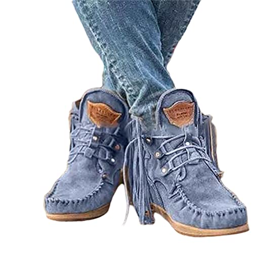 Onsoyours Damen Herbst Winter Flache Wildleder Retro Stiefeletten mit Fransen Casual Short Ankle Boots Schuhe Blau 39 EU von Onsoyours