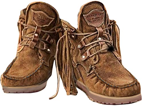 Onsoyours Damen Herbst Winter Flache Wildleder Retro Stiefeletten mit Fransen Casual Short Ankle Boots Schuhe Braun 38 EU von Onsoyours