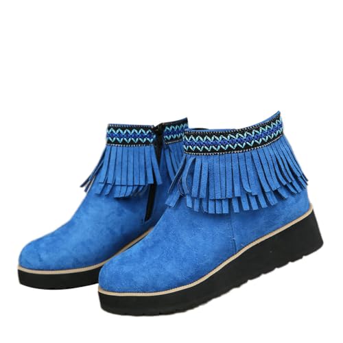 Onsoyours Damen Herbst Winter Flache Wildleder Retro Stiefeletten mit Fransen Casual Short Ankle Boots Schuhe C Blau 37 EU von Onsoyours