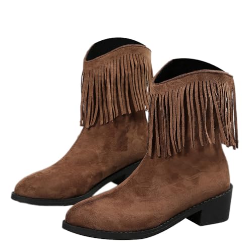 Onsoyours Damen Herbst Winter Flache Wildleder Retro Stiefeletten mit Fransen Casual Short Ankle Boots Schuhe D Braun 39 EU von Onsoyours