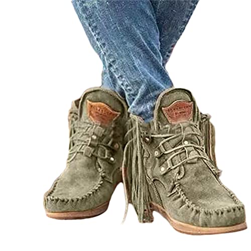 Onsoyours Damen Herbst Winter Flache Wildleder Retro Stiefeletten mit Fransen Casual Short Ankle Boots Schuhe Grün 41 EU von Onsoyours