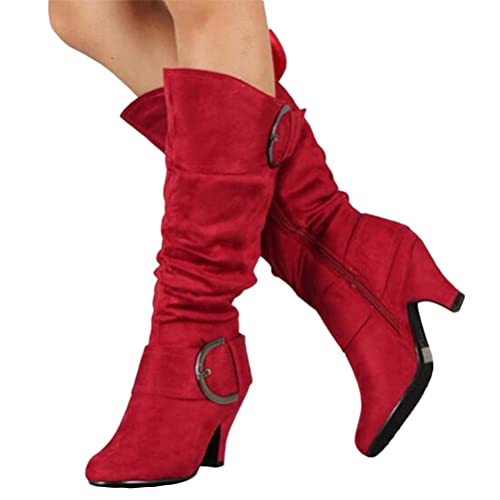 Onsoyours Damen Herbst Winter High Heels Hohe Stiefel Lange Stiefel Sexy Wildleder Boots Elegant Chic Schuhe Rot 39 EU von Onsoyours