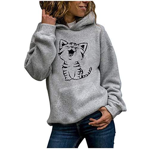 Onsoyours Damen Herbst Winter Hoodie Kapuzenpullover Sweatshirt Langarmshirt Rundhals Lustiges Katzen Motive Drucken Katzenpulli Casual Pulli mit Kordel und Taschen von Onsoyours