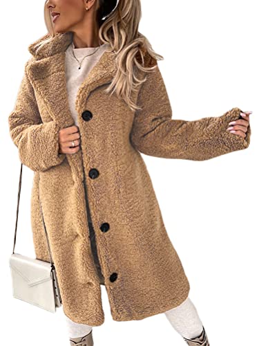 Onsoyours Damen Herbst Winter Lange Plüschjacke Knopfleiste Langarm Revers Fleece Mantel Elegante Jacke Trenchcoat mit Taschen Leicht Parka Coat Outwear A Khaki S von Onsoyours