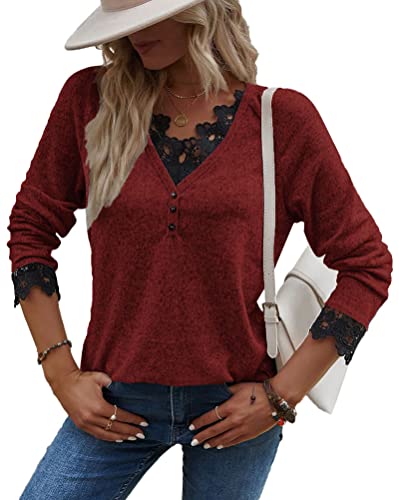 Onsoyours Damen Herbst Winter Pullover Oberteile Sexy Strickpullover Mode Einfarbig Sweater mit Spitze V-Ausschnitt Farbblock Langarmshirt Warm Pulli Jumper A Rot S von Onsoyours