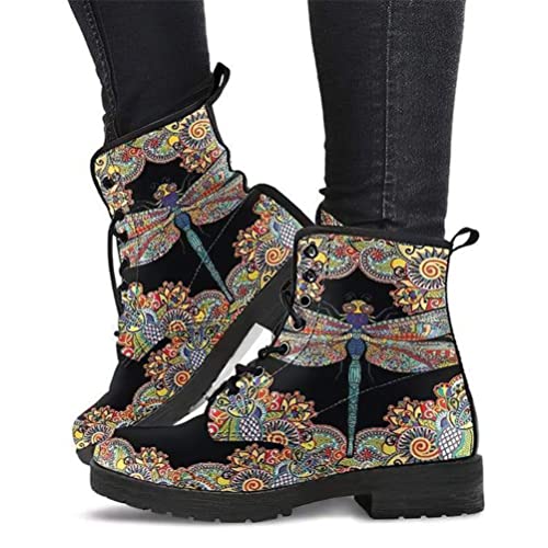 Onsoyours Damen Herbst Winter Stiefel Gothic Chelsea Boot Punk Stiefeletten Biker Boot Knöchel Stiefel Mit Blockabsatz Gotisch Retro Drucken Kurze Stiefeletten A Libelle 43 EU von Onsoyours