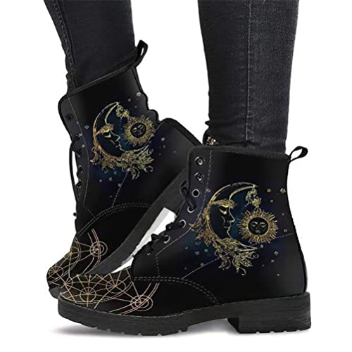 Onsoyours Damen Herbst Winter Stiefel Gothic Chelsea Boot Punk Stiefeletten Biker Boot Knöchel Stiefel Mit Blockabsatz Gotisch Retro Drucken Kurze Stiefeletten A Mond 35 EU von Onsoyours