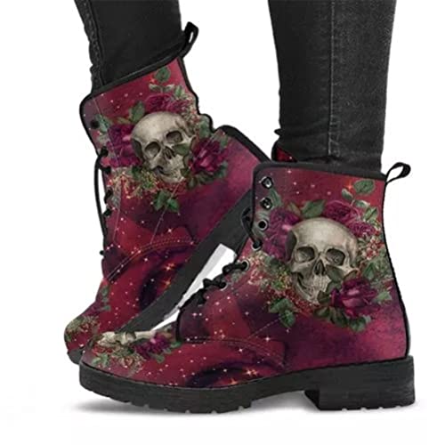 Onsoyours Damen Herbst Winter Stiefel Gothic Chelsea Boot Punk Stiefeletten Biker Boot Knöchel Stiefel Mit Blockabsatz Gotisch Retro Drucken Kurze Stiefeletten A Rot 42 EU von Onsoyours