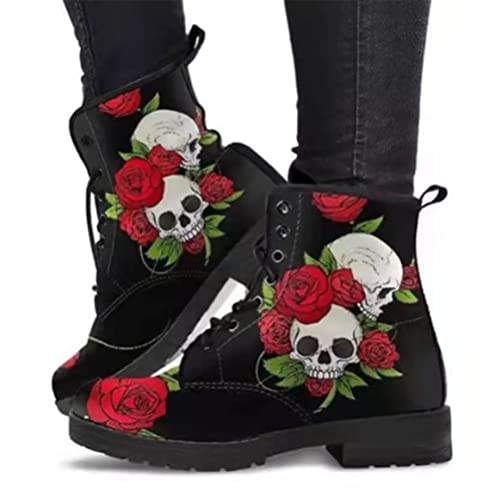 Onsoyours Damen Herbst Winter Stiefel Gothic Chelsea Boot Punk Stiefeletten Biker Boot Knöchel Stiefel Mit Blockabsatz Gotisch Retro Drucken Kurze Stiefeletten A Rote Rose 36 EU von Onsoyours