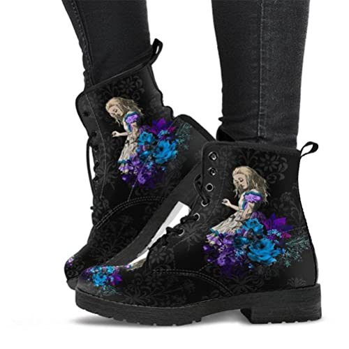 Onsoyours Damen Herbst Winter Stiefel Gothic Chelsea Boot Punk Stiefeletten Biker Boot Knöchel Stiefel Mit Blockabsatz Gotisch Retro Drucken Kurze Stiefeletten A Schwarze Alice 37 EU von Onsoyours