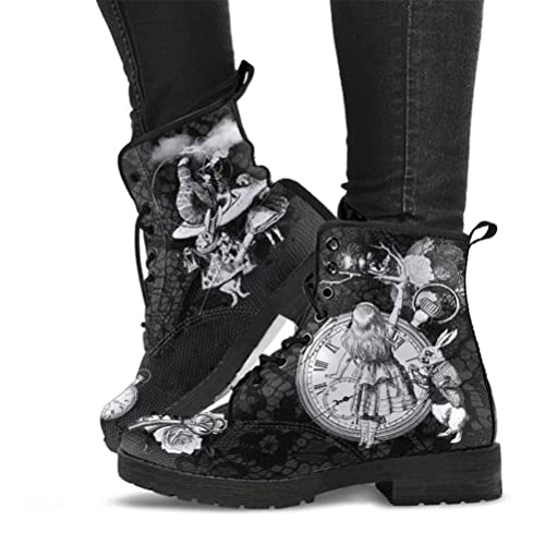 Onsoyours Damen Herbst Winter Stiefel Gothic Chelsea Boot Punk Stiefeletten Biker Boot Knöchel Stiefel Mit Blockabsatz Gotisch Retro Drucken Kurze Stiefeletten A Weiße Alice 35 EU von Onsoyours