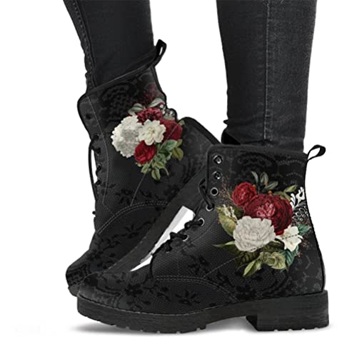 Onsoyours Damen Herbst Winter Stiefel Gothic Chelsea Boot Punk Stiefeletten Biker Boot Knöchel Stiefel Mit Blockabsatz Gotisch Retro Drucken Kurze Stiefeletten A Weiße Rose 38 EU von Onsoyours