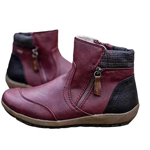 Onsoyours Damen Herbst Winter Stiefel Schneeschuhe Flache Stiefeletten aus Schnürstiefel Bequeme Weiche Handgemachte Schuhe Vintage Frauen Kurze Stiefel Weinrot 40 EU von Onsoyours