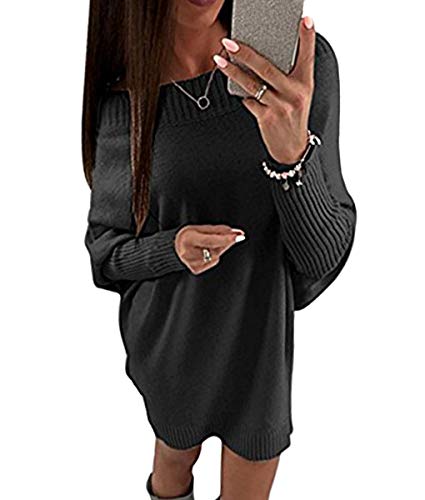 Onsoyours Damen Herbst Winter Strickkleid Elegant Schulterfrei Langarm Mode Stricksweat Pullover Kleid Lose Sweater Dress Oversized Sweatkleid Minikleid Schwarz M von Onsoyours