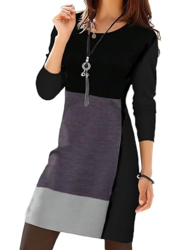 Onsoyours Damen Herbst Winter V-Ausschnitt Kleid Elegant Lang Pullover Mit Schlitz - Langarm Freizeitkleid Warm Vintage Patchwork D Drucke-1 S von Onsoyours