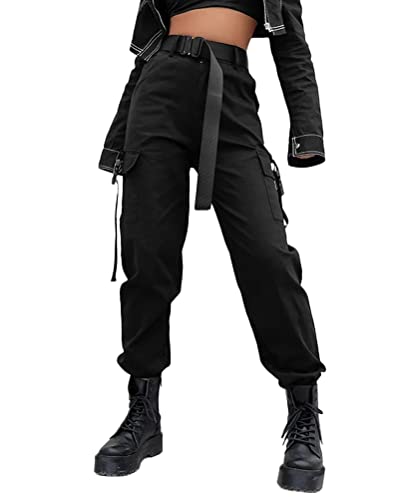 Onsoyours Damen Herren Gothic Hosen Cargo Hose Mehrfachtasche Tasche Hosen Punk Hosen Frauen Armee Militär Hip Hop Jogger Street techwear Women Hose Tanzenhose B Schwarz XXL von Onsoyours