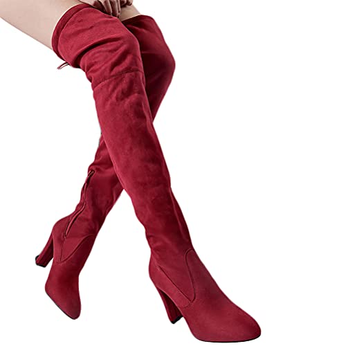 Onsoyours Damen High Heels Stiefel mit Blockabsatz Spitze Stretch Boots Pumps Frühlings Winter Overknee Stiefel Bequeme Schuhe Reißverschluss Winterstiefel Schnürstiefel Rotwein 37 EU von Onsoyours