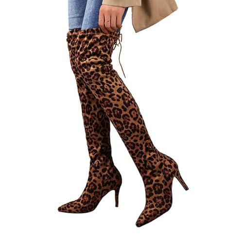 Onsoyours Damen High Heels Stiefel mit Blockabsatz Spitze Stretch Pumps Overknee Stiefel Bequeme Reißverschluss Imprimé Léopard Tigre Winterstiefel Schnürstiefel A Gelber Leopardendruck 39 EU von Onsoyours