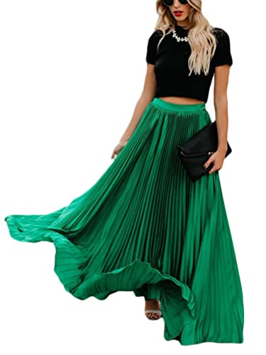 Onsoyours Damen High Waist A-Linie Einfarbig Lang Rock Faltenrock Plisseerock Retro Lässig Rock Elastischer Bund Elegent Midi-Rock A Grün M von Onsoyours