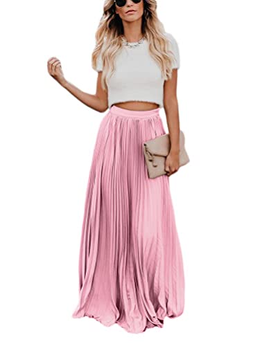 Onsoyours Damen High Waist A-Linie Einfarbig Lang Rock Faltenrock Plisseerock Retro Lässig Rock Elastischer Bund Elegent Midi-Rock A Rosa L von Onsoyours