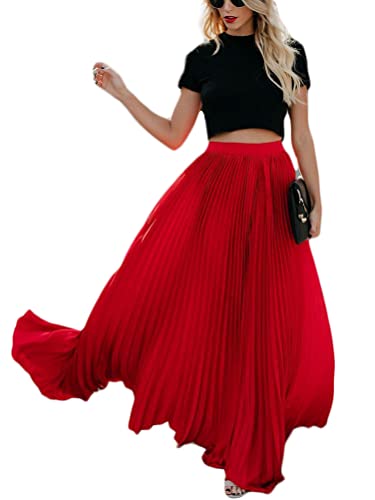 Onsoyours Damen High Waist A-Linie Einfarbig Lang Rock Faltenrock Plisseerock Retro Lässig Rock Elastischer Bund Elegent Midi-Rock A Rot M von Onsoyours