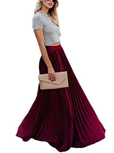 Onsoyours Damen High Waist A-Linie Einfarbig Lang Rock Faltenrock Plisseerock Retro Lässig Rock Elastischer Bund Elegent Midi-Rock A Rotwein L von Onsoyours