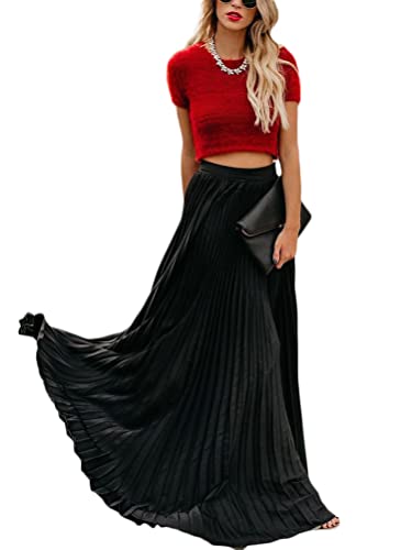 Onsoyours Damen High Waist A-Linie Einfarbig Lang Rock Faltenrock Plisseerock Retro Lässig Rock Elastischer Bund Elegent Midi-Rock A Schwarz XXL von Onsoyours