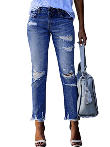 Onsoyours Damen High Waist Jeans Stretch Jeanshose Zerrissen Destroyed Loose Fit Jeanshose Boyfriend Denim Gerade Hose A Dunkelblau XXL von Onsoyours