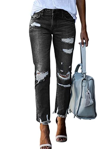 Onsoyours Damen High Waist Jeans Stretch Jeanshose Zerrissen Destroyed Loose Fit Jeanshose Boyfriend Denim Gerade Hose A Schwarz XXL von Onsoyours