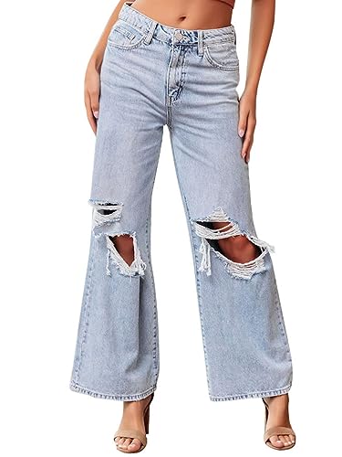 Onsoyours Damen High Waist Jeans Stretch Jeanshose Zerrissen Destroyed Loose Fit Jeanshose Boyfriend Denim Gerade Hose B10 Blau M von Onsoyours