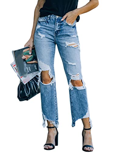 Onsoyours Damen High Waist Jeans Stretch Jeanshose Zerrissen Destroyed Loose Fit Jeanshose Boyfriend Denim Gerade Hose B2 Blau M von Onsoyours
