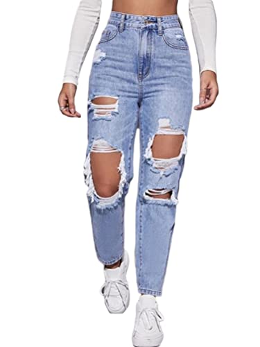 Onsoyours Damen High Waist Jeans Stretch Jeanshose Zerrissen Destroyed Loose Fit Jeanshose Boyfriend Denim Gerade Hose B4 Blau XXL von Onsoyours