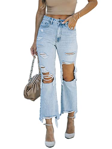 Onsoyours Damen High Waist Jeans Stretch Jeanshose Zerrissen Destroyed Loose Fit Jeanshose Boyfriend Denim Gerade Hose B5 Blau XXL von Onsoyours