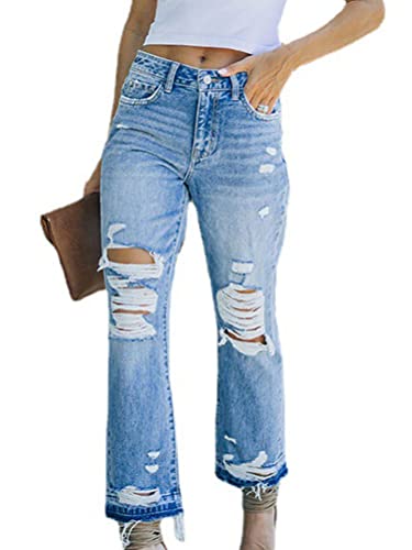 Onsoyours Damen High Waist Jeans Stretch Jeanshose Zerrissen Destroyed Loose Fit Jeanshose Boyfriend Denim Gerade Hose B6 Blau M von Onsoyours