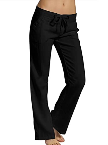 Onsoyours Damen High Waist Leinenhose Sommer Lose Leinen Baumwolle Hose für Frauen Leicht Luftige Stoffhose Freizeithose Pumphose Yogahose Jogginghose Sporthose E Schwarz XS von Onsoyours