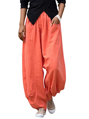 Onsoyours Damen High Waist Leinenhose Sommer Lose Leinen Baumwolle Hose für Frauen Leicht Luftige Stoffhose Freizeithose Pumphose Yogahose Jogginghose Sporthose F Orange L von Onsoyours
