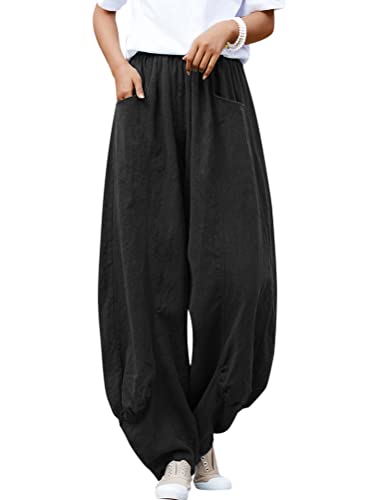 Onsoyours Damen High Waist Leinenhose Sommer Lose Leinen Baumwolle Hose für Frauen Leicht Luftige Stoffhose Freizeithose Pumphose Yogahose Jogginghose Sporthose F Schwarz M von Onsoyours