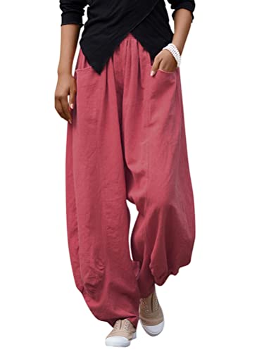 Onsoyours Damen High Waist Leinenhose Sommer Lose Leinen Baumwolle Hose für Frauen Leicht Luftige Stoffhose Freizeithose Pumphose Yogahose Jogginghose Sporthose F Weinrot L von Onsoyours