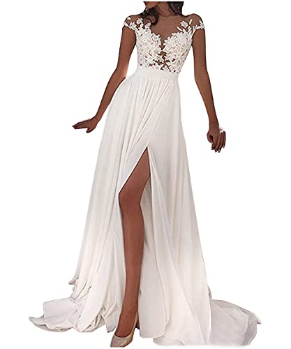 Onsoyours Damen Hochzeitskleid Einfarbig Kleider Ärmellos V-Ausschnitt Abendkleid Brautjungfernkleider Spitze Sexy Schlitz Maxikleid Freizeit Langes Kleid Weiß 04 S von Onsoyours